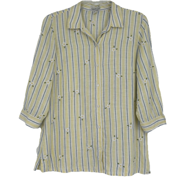 Coldwater Creek Linen Shirt Yellow Stripe Floral Embroidered Cottage Size M - Picture 1 of 12